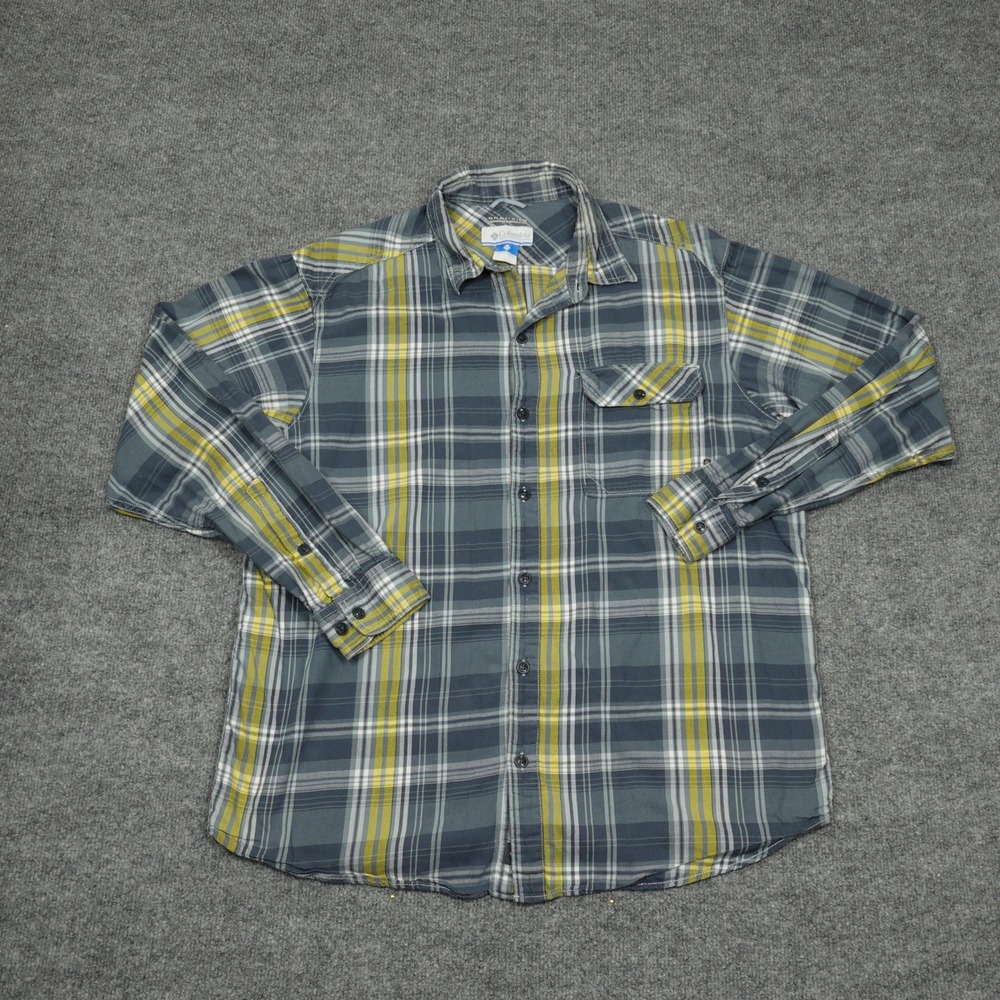 Columbia Shirt Boys Large Grey Yellow Plaid Omni-Wick Long Sleeve Button Down